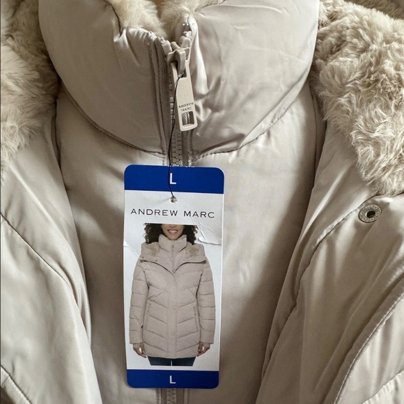 Andrew Marc Beige Winter Puffer Long Coat Jacket Hooded Faux Fur L Large Women - Picture 2 of 6